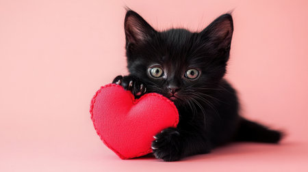 This charming black kitten gently holds a bright red heart, capturing the essence of love and affection against a soft pink background. Perfect for pet lovers!の素材