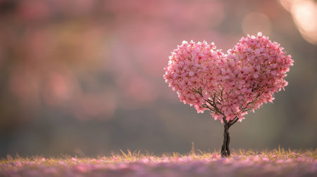 A stunning heart-shaped tree adorned with delicate pink flowers symbolizes love and beauty. The soft, blurred background creates a serene atmosphere, perfect for romantic themes.の素材