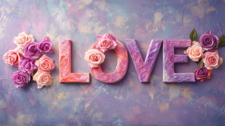 Beautifully crafted letters spelling "LOVE," adorned with lush pink and purple roses against a soft, textured backdrop, creating a romantic atmosphere perfect for celebrations.の素材