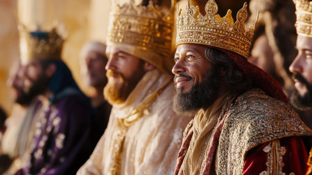 A captivating image of kings adorned in golden crowns, showcasing their regal presence at a ceremonial event, symbolizing tradition, leadership, and heritage.の素材