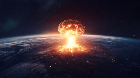 A stunning view of a massive nuclear explosion from space, showcasing the fiery cloud and shockwave as it engulfs the earth, depicting a moment of catastrophic energy release.の素材