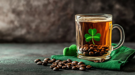 A beautifully crafted glass of brewed beverage sits on green fabric, adorned with a clover leaf and surrounded by coffee beans, creating a cozy atmosphere.の素材