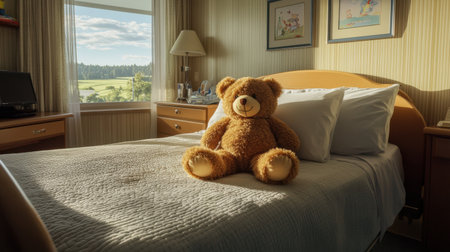 A cozy bedroom scene featuring a teddy bear on a neatly made bed, bright sunlight streaming through a large window, and a tranquil outdoor view.の素材
