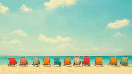 Colorful beach chairs line a sandy shore under a bright blue sky. Perfect for summer vacations, this scene evokes relaxation and tranquility by the ocean.の素材