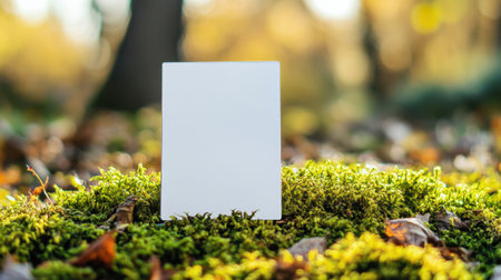 A blank white card rests on lush green moss, surrounded by autumn foliage. This serene outdoor scene captures the beauty of nature, perfect for design use.の素材