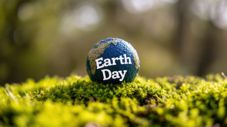 A vibrant globe represents Earth Day, resting on lush green moss, symbolizing environmental consciousness and sustainability. Perfect for eco-friendly themes.の素材