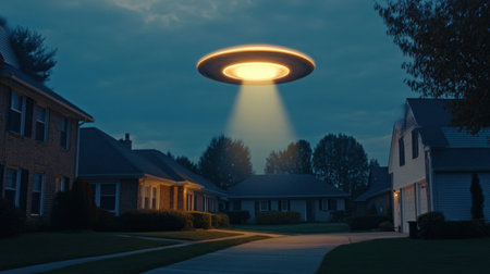 A captivating scene of a UFO descending over a serene suburban neighborhood. The glowing lights and beam create an otherworldly atmosphere at dusk.の素材