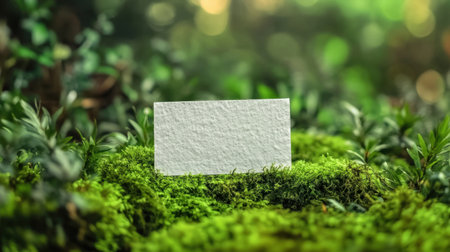 A blank card rests on vibrant green moss, creating a natural and tranquil scene. Ideal for mockups or showcasing design in a serene outdoor setting.の素材