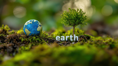 An artistic representation of Earth featuring a globe and a small tree on lush green moss, symbolizing nature, sustainability, and ecological balance.の素材