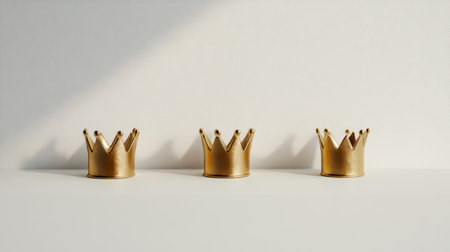 This image features three golden crowns arranged on a clean, minimalist background, symbolizing royalty and luxury. The soft light creates elegant shadows.の素材
