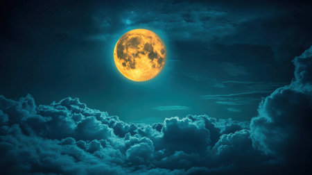 A stunning full moon casts its vibrant glow over soft, billowing clouds, creating a serene night sky atmosphere that invites tranquility and wonder.の素材