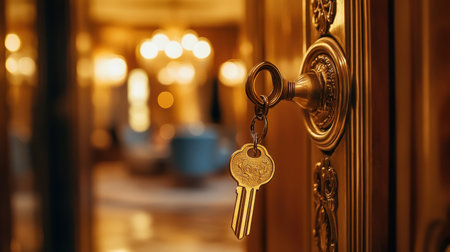 A close-up of a vintage key inserted into an ornate door lock, featuring an elegant, blurred background. The warm lighting creates a luxurious atmosphere.の素材