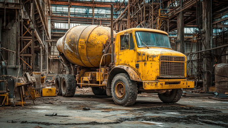 Explore the scene of an abandoned yellow cement mixer truck in a decaying industrial space, showcasing the beauty of neglect and history in machinery.の素材