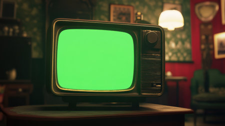 A vintage television set displaying a blank green screen in a cozy room, creating a nostalgic ambiance. Ideal for background, decoration, or design projects.の素材