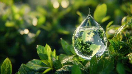 A stunning close-up image of a water droplet perched on a green leaf, reflecting the Earth. This symbolizes purity and nature's harmony, capturing the essence of sustainability.の素材