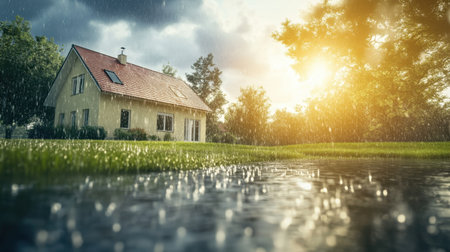 A picturesque house stands amidst heavy rain, with a stunning golden sunset illuminating the scene. Raindrops create a serene ambiance on the lush grass.の素材
