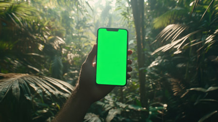 A person's hand holding a smartphone featuring a green screen amidst a vibrant jungle setting. The lush foliage and sunlight create a serene atmosphere, perfect for showcasing technology in nature.の素材