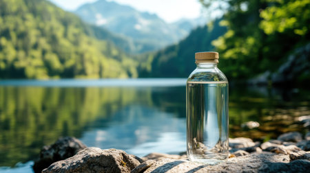 A clear water bottle sits on rocky terrain beside a tranquil mountain lake, reflecting the vibrant greenery and serene landscape, perfect for outdoor enthusiasts.の素材