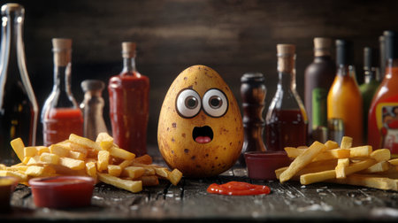 A whimsical potato character with wide eyes and a surprised expression sits amid golden french fries and various sauces on a rustic wooden table.の素材
