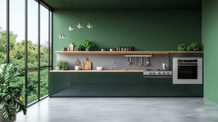 This image showcases a modern kitchen with green walls, wooden shelves, and ample natural light, creating a fresh and inviting atmosphere for cooking and entertaining.の素材