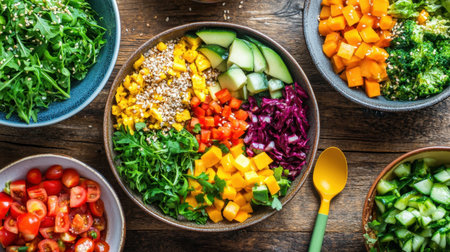 A vibrant display of fresh vegetables in bowls, showcasing a healthy salad. This image captures the essence of nutritious eating with colorful ingredients and a rustic wooden table background.の素材