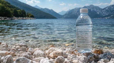 A clear water bottle rests on a rocky shore beside a serene lake, surrounded by majestic mountains under a bright sky, symbolizing refreshment and nature's beauty.の素材