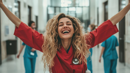 A joyful healthcare worker smiles widely while celebrating in a hospital corridor. This moment captures the essence of positivity, teamwork, and dedication in the medical field.の素材