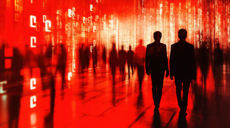 Two silhouetted figures walk through a vibrant red digital landscape, symbolizing innovation and transformation in the modern business world.の素材