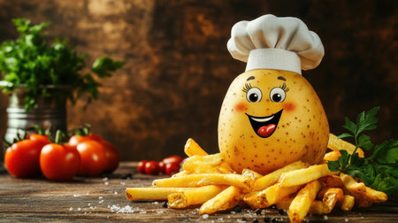 A whimsical potato character dressed as a chef with a big smile sits among delicious fries and fresh tomatoes on a rustic wooden table.の素材
