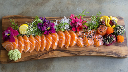 A beautifully arranged sushi platter featuring fresh salmon, assorted toppings, and vibrant edible flowers, perfect for upscale dining and culinary presentation.の素材