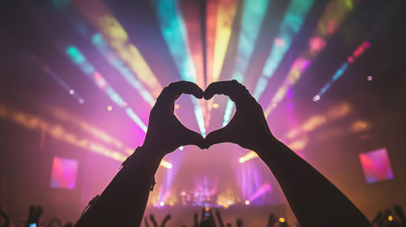A pair of hands forming a heart shape against a backdrop of vibrant concert lights, capturing the joy and emotion of live music performances and celebrations.の素材