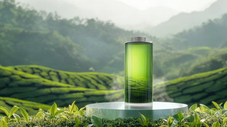 A visual representation of a futuristic, eco-friendly battery set against a vibrant tea plantation landscape, symbolizing sustainability and innovation in energy.の素材
