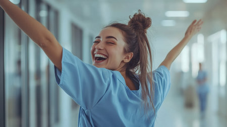 A joyful female nurse celebrates in a hospital corridor, showcasing happiness and positivity. Her genuine smile represents the dedication within healthcare environments, inspiring others.の素材