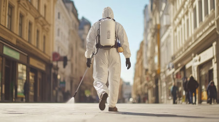 A worker in protective equipment sprays disinfectant on city streets to ensure sanitation and safety. This proactive measure highlights urban maintenance during health crises.の素材