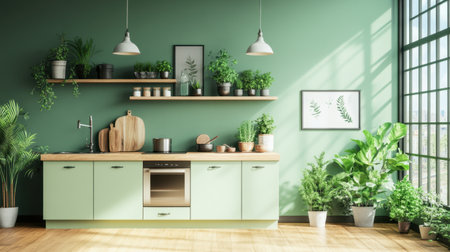 A serene and stylish kitchen featuring green walls, sustainable decor, and lush indoor plants. This bright space is perfect for cooking and relaxation.の素材