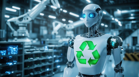 Explore the future of recycling with this advanced robot in an industrial setting, showcasing automated machinery designed for eco-friendly waste management.の素材
