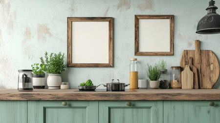 A cozy modern kitchen featuring rustic decor with empty frames, fresh herbs, and ample natural light. Perfect for culinary inspiration and lifestyle themes.の素材