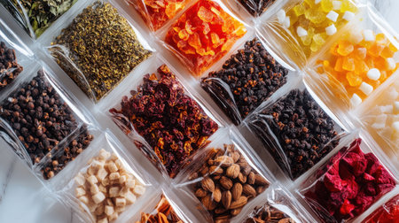This image showcases a vibrant collection of herbs and spices, featuring dried fruits in transparent packaging. Perfect for culinary inspiration and health.の素材