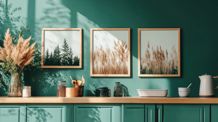 A beautifully styled kitchen featuring nature-inspired wall art in wooden frames. Sunlight casts gentle shadows, creating a tranquil atmosphere.の素材