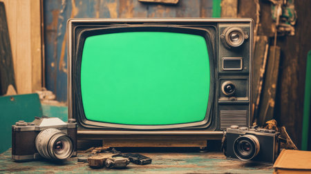 A nostalgic still life featuring a vintage television with a green screen alongside classic cameras, set on a rustic wooden table in a retro environment.の素材