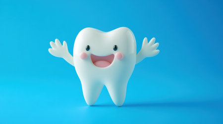 This vibrant cartoon tooth character exudes happiness with its wide smile and playful arms. Perfect for dental care, children's products, or health-related themes.の素材