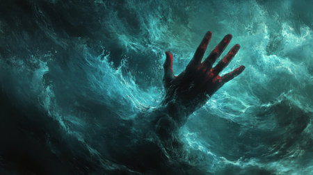 An evocative image depicting a hand reaching out from turbulent ocean waves, symbolizing struggle and desperation against a dark, watery backdrop.の素材