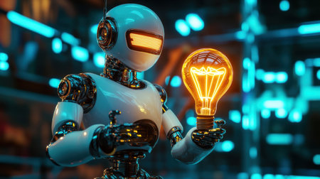 A futuristic robot holds a glowing light bulb, symbolizing innovation and creativity in a high-tech environment filled with vibrant colors and advanced technology.の素材
