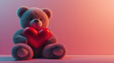 A cute teddy bear holds a vibrant red heart, symbolizing love and affection. Perfect for Valentine's Day, gifts, or childhood memories, this charming image evokes warmth and sentiment.の素材