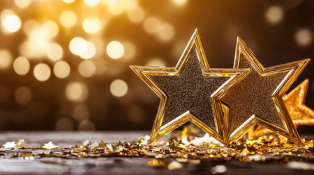 Two shiny gold stars with a glittering surface rest on a table, surrounded by sparkling bokeh lights. Perfect for celebrations and festive occasions.の素材