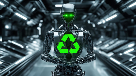 A highly detailed robot figure holding a glowing recycle symbol stands within a sleek, futuristic technology environment. This image represents innovation and sustainability.の素材