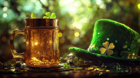 A shimmering beer mug alongside a vibrant green hat adorned with shamrocks creates a festive and joyful atmosphere perfect for celebrations or holidays.の素材