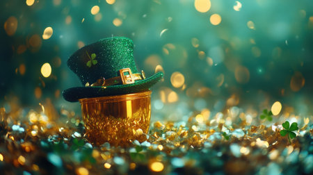 A vibrant green hat sits atop a pile of shimmering gold coins, evoking the spirit of St. Patrick's Day. This festive image captures the essence of joy and celebration with rich textures and sparkles.の素材