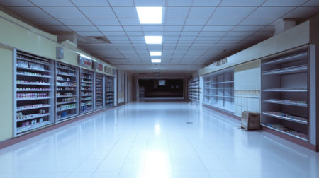 A quiet and spacious supermarket aisle showcasing empty shelves and bright fluorescent lights. This image captures the essence of a modern retail environment, emphasizing organization and minimalism.の素材