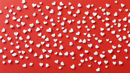 A vibrant red background filled with scattered white heart shapes creates a playful and romantic atmosphere ideal for Valentine's Day or love-themed events.の素材